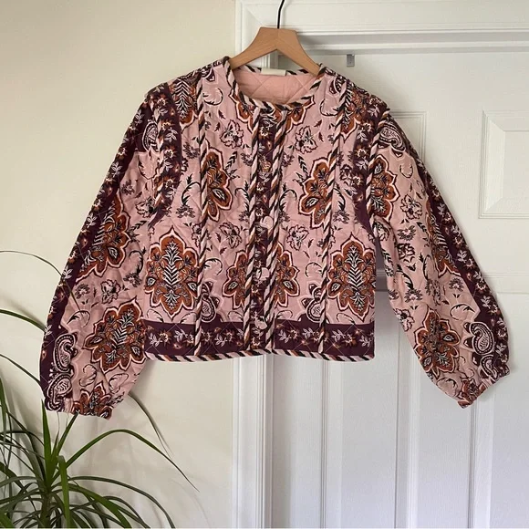 FARM Rio Glam Tapestry Floral Quilted Pink Jacket Small